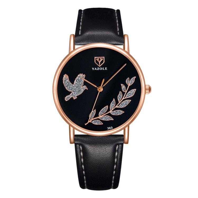 YAZOLE 360 Womens Leather Watch Dove Of Peace Diamond Quartz Wrist Watch black+black