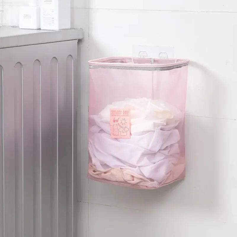 Foldable Wall Mounted Laundry Basket Space Saving Dirty Clothes Storage Hamper pink