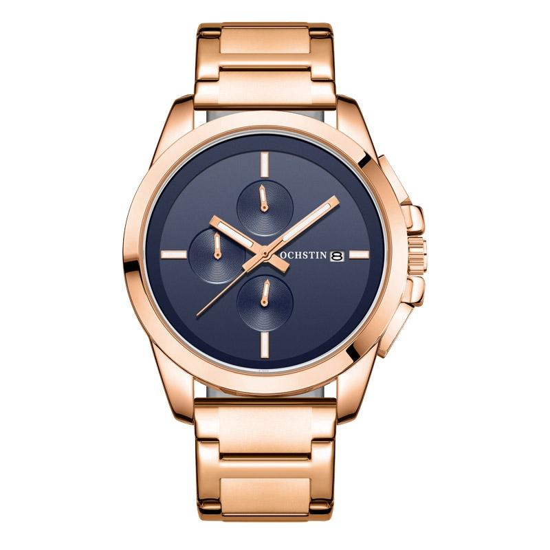 OCHSTIN 6059C Mens Quartz Watch Multifunction Stainless Steel Watch Business Wristwatch blue+rose Gold