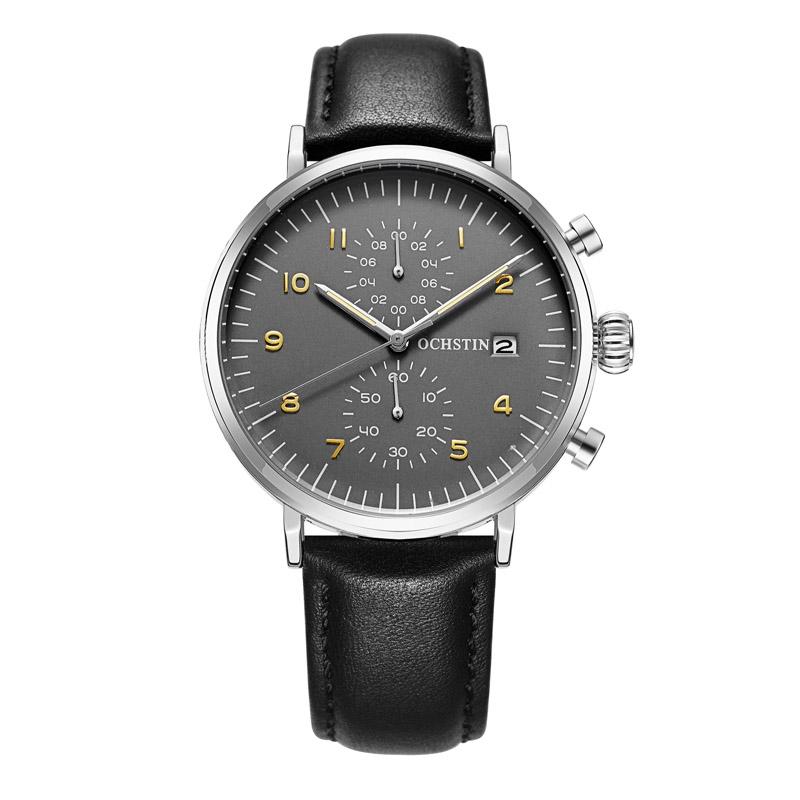 OCHSTIN 6076C Mens Quartz Watch Waterproof Business Leather Watch With Multifunction Dial silver+grey+black