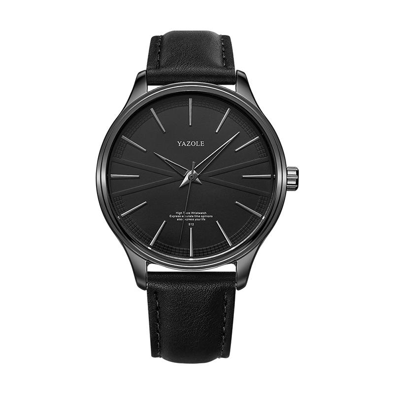 YAZOLE 512 Quartz Mens Watch Casual Leather Strap Watch With 3ATM Water Resistance black Shell Black Tray Black Belt