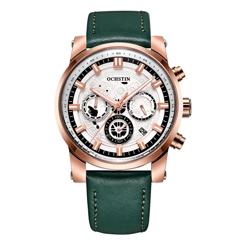 Ochstin 5111B Business Quartz Watch Waterproof Leather Strap Watch With Luminous Multifunction Dial rose Gold+green