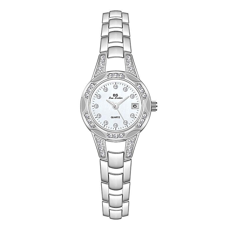 BS Bee Sister Ladies Diamond Watch Small Round Quartz Dress Watch With Calendar silver