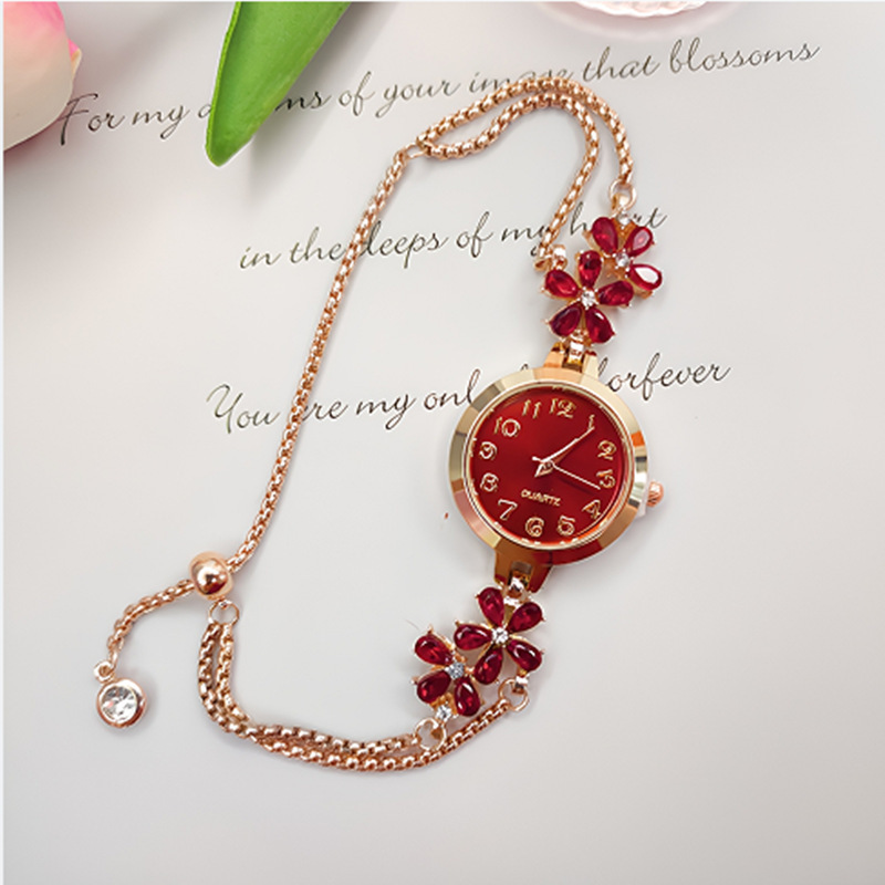 Luxury Floral Rhinestone Watch For Women With Bracelet Quartz Watch Pull On Band red