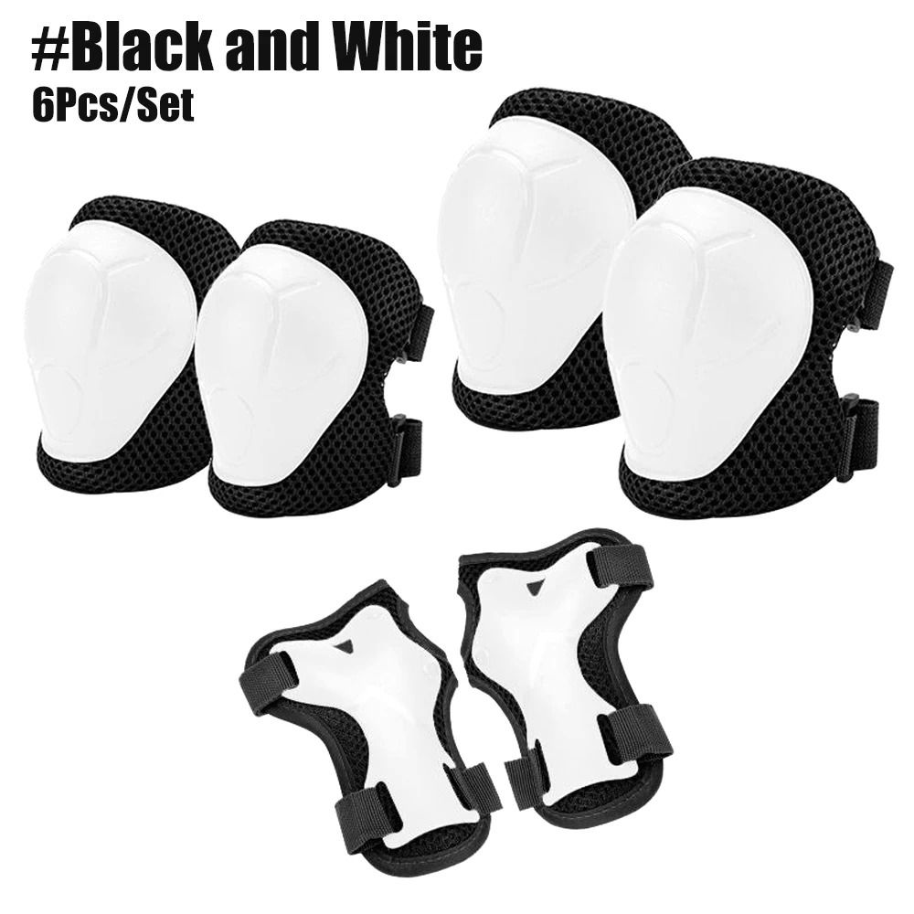 6 Piece Kids Protective Gear Set With Knee Elbow And Wrist Guards black & White 6 Pcs