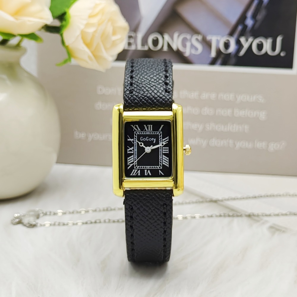 Elegant Women's Leather Watch Minimalist Rectangle Watch With Quartz Movement & Roman Numeral Dial black Gold 2