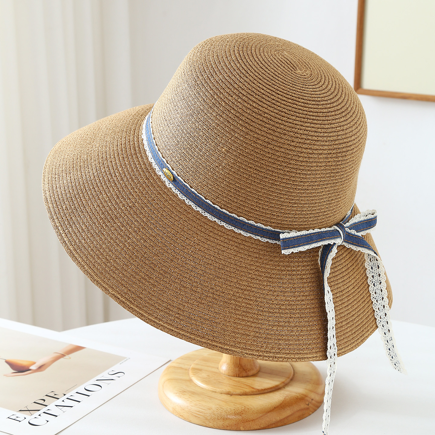 Elegant Bowknot Wide Brim Straw Sun Hat coffee Color