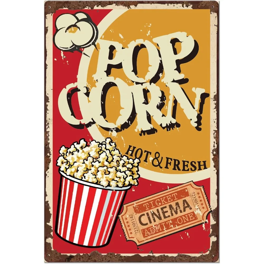 Pancarte Métallique Vintage Popcorn Chaud et Frais, Décoration Murale Rétro Cinéma pour Home Cinéma, Bar, Cuisine
