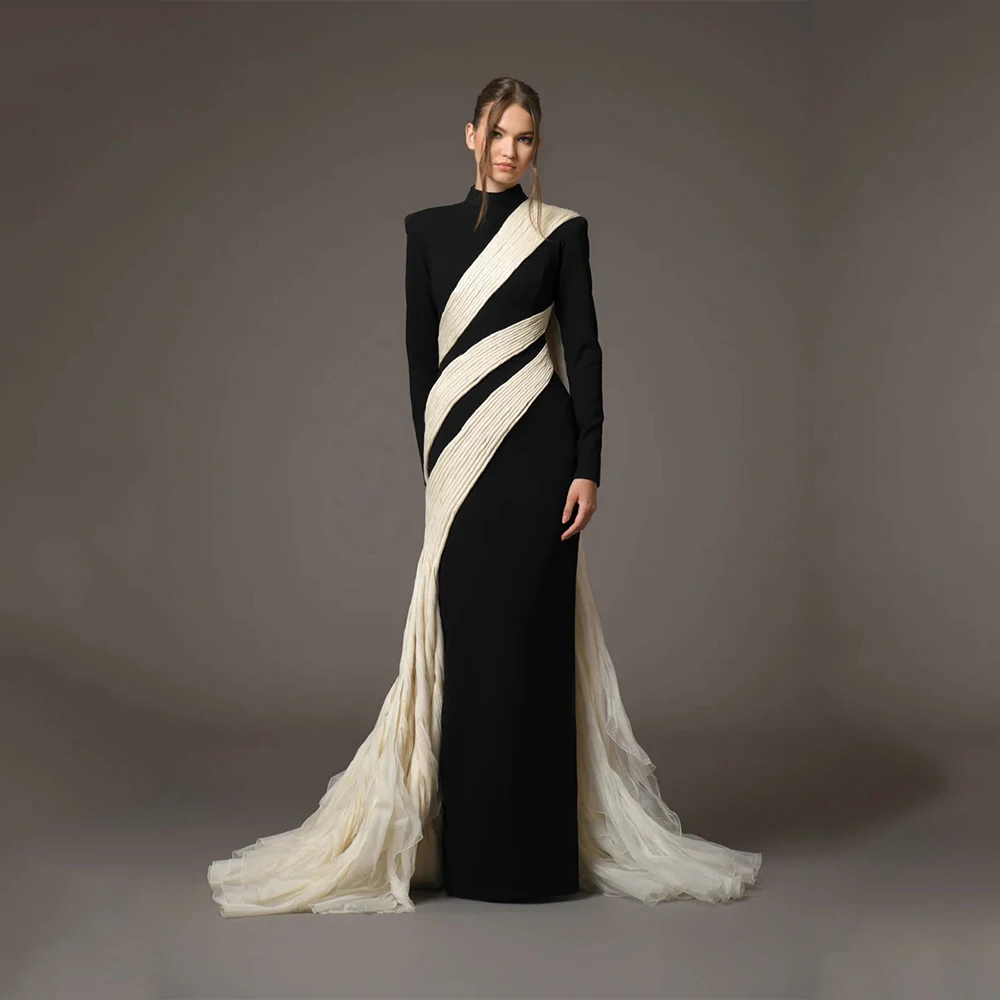 High Quality Black Elegant Customized Crepe and Tulle Evening Dresses O-Neck A-line Prom Gowns for Floor Length for 2026 Styl