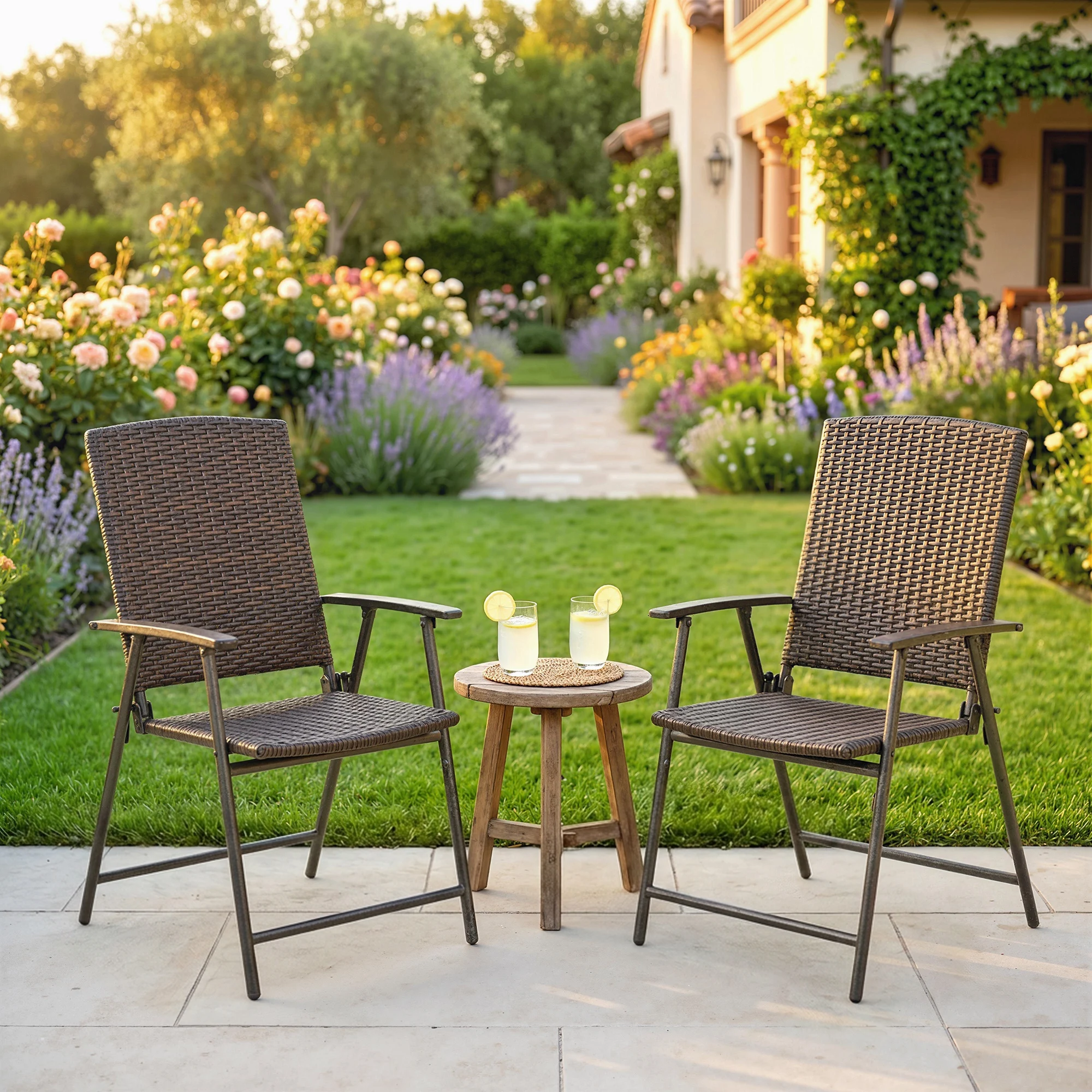 Outsunny 2pcs Rattan Chair Garden Furniture Wicker Foldable Chair Steel Frame for Poolside Garden, Brown