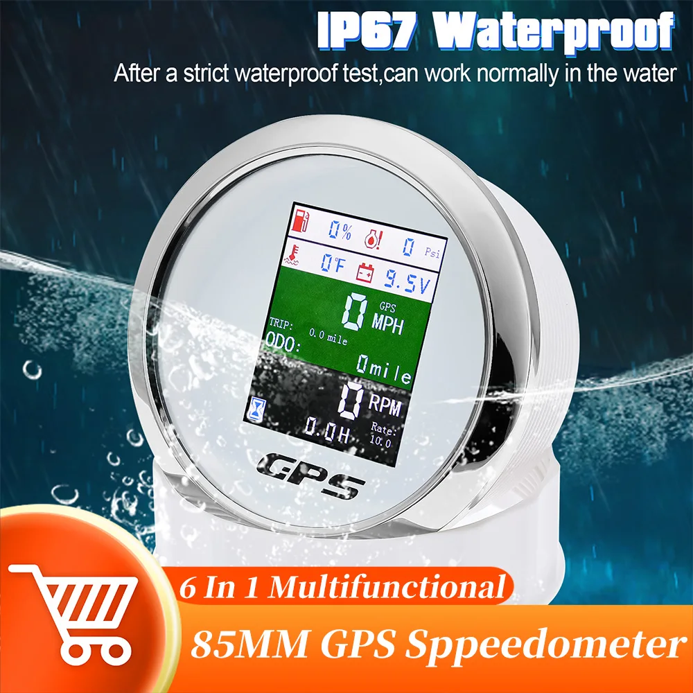 85mm Waterproof 6 in 1 GPS Speedometer With Antenna Fuel Level Water Temp Oil Pressure With Alarm For Car Boat Marine Motorcycl