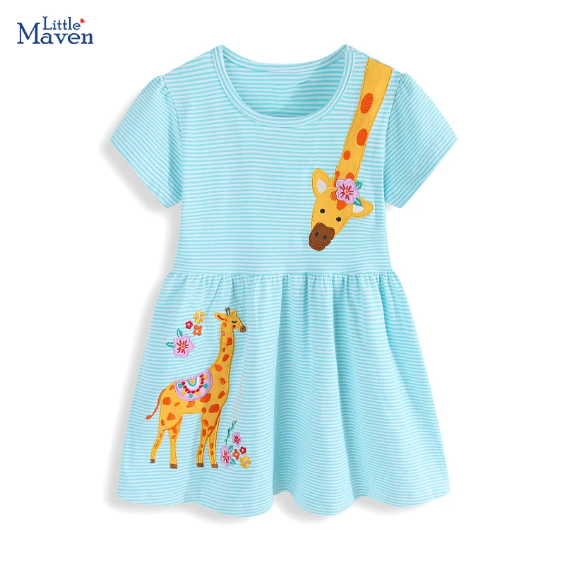 Vêtements pour enfants Little Maven, été 2026, nouveaux vêtements pour enfants, robe rayée à motif girafe, robe en coton pour enfants de 2 à 7 ans