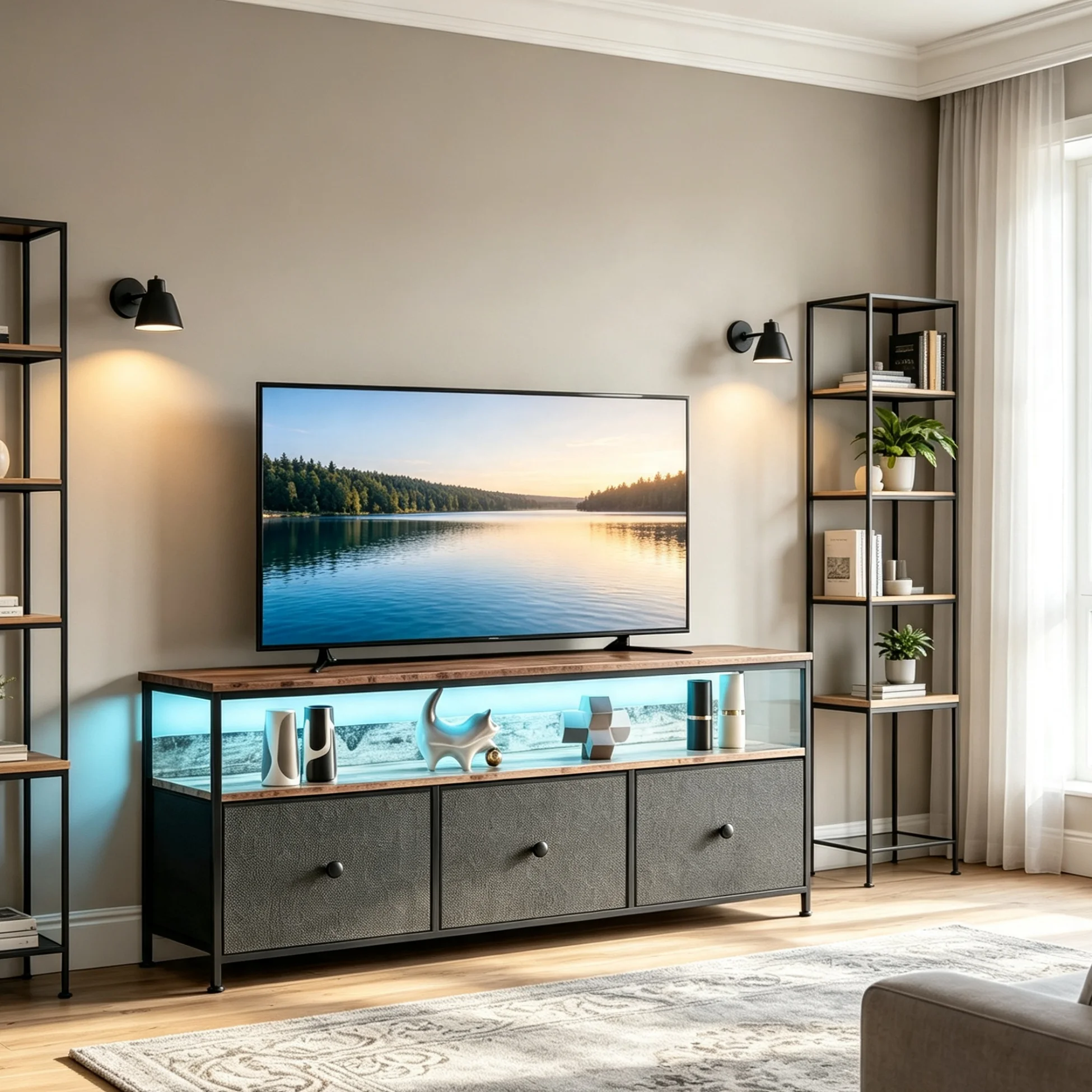Meuble TV Simurq 137 cm, Meuble TV avec 3 tiroirs et 3 compartiments ouverts, Meuble TV bas avec 3 tiroirs en tissu amovibles, Table TV, Meuble multi-usage pour salon, chambre, Noir