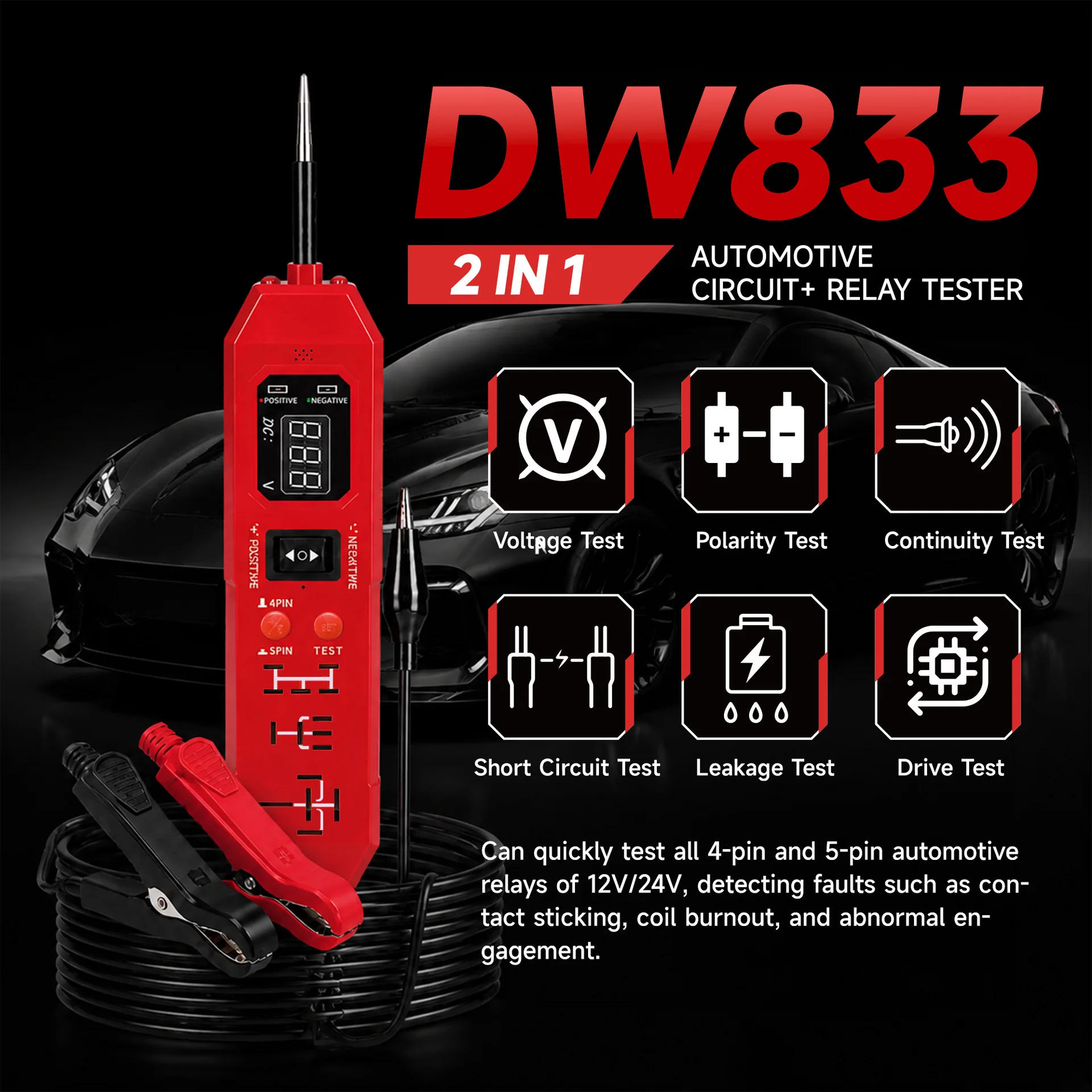 DW833 2 IN 1 Automotive Relay Tester Automotive Circuit Tester LED Indicator Universal 12V /24V Automotive Electronic Relay Test