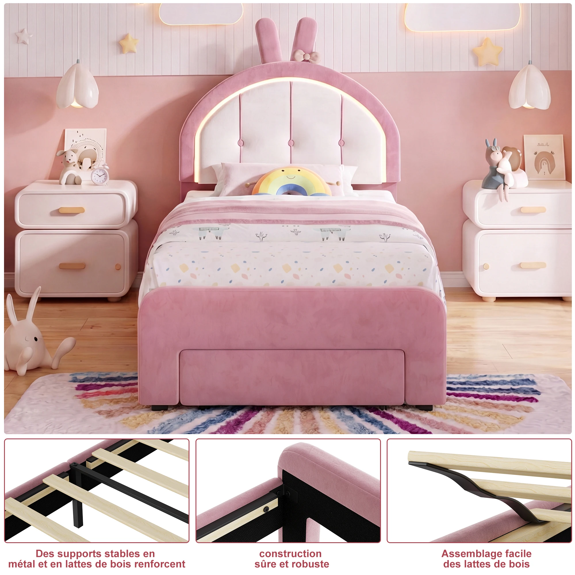 Gepolstertes Kinderbett, 90 x 200 cm, Prinzessinnenbett, Einzelbett mit verstellbarem Kopfteil und Lattenrost für Kinder & Mädchen, Samt Rosa, ohne Matratze (Pink Rabbit, 90X200)