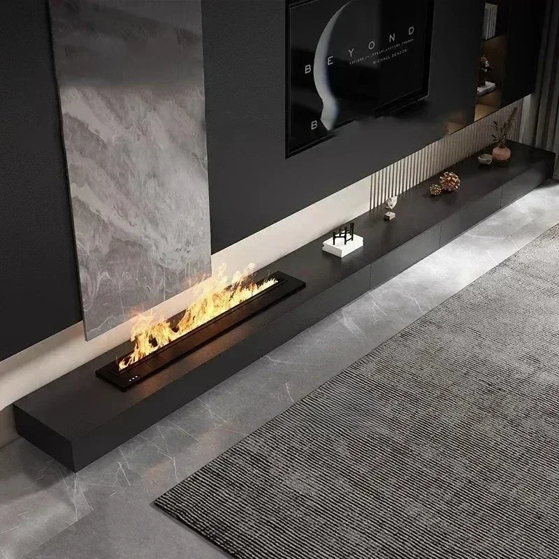 Meuble de sol avec foyer intégré, meuble TV minimaliste en ardoise noire, meubles de salon de luxe, meuble de rangement décoratif avec tiroirs