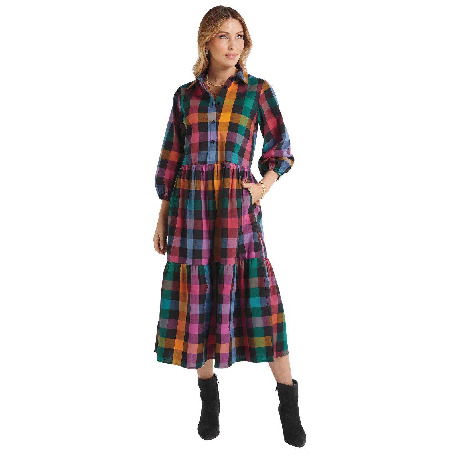 Masseys Puff Sleeve Shirt Dress Casual in Black/Check, Size 5X, Cotton