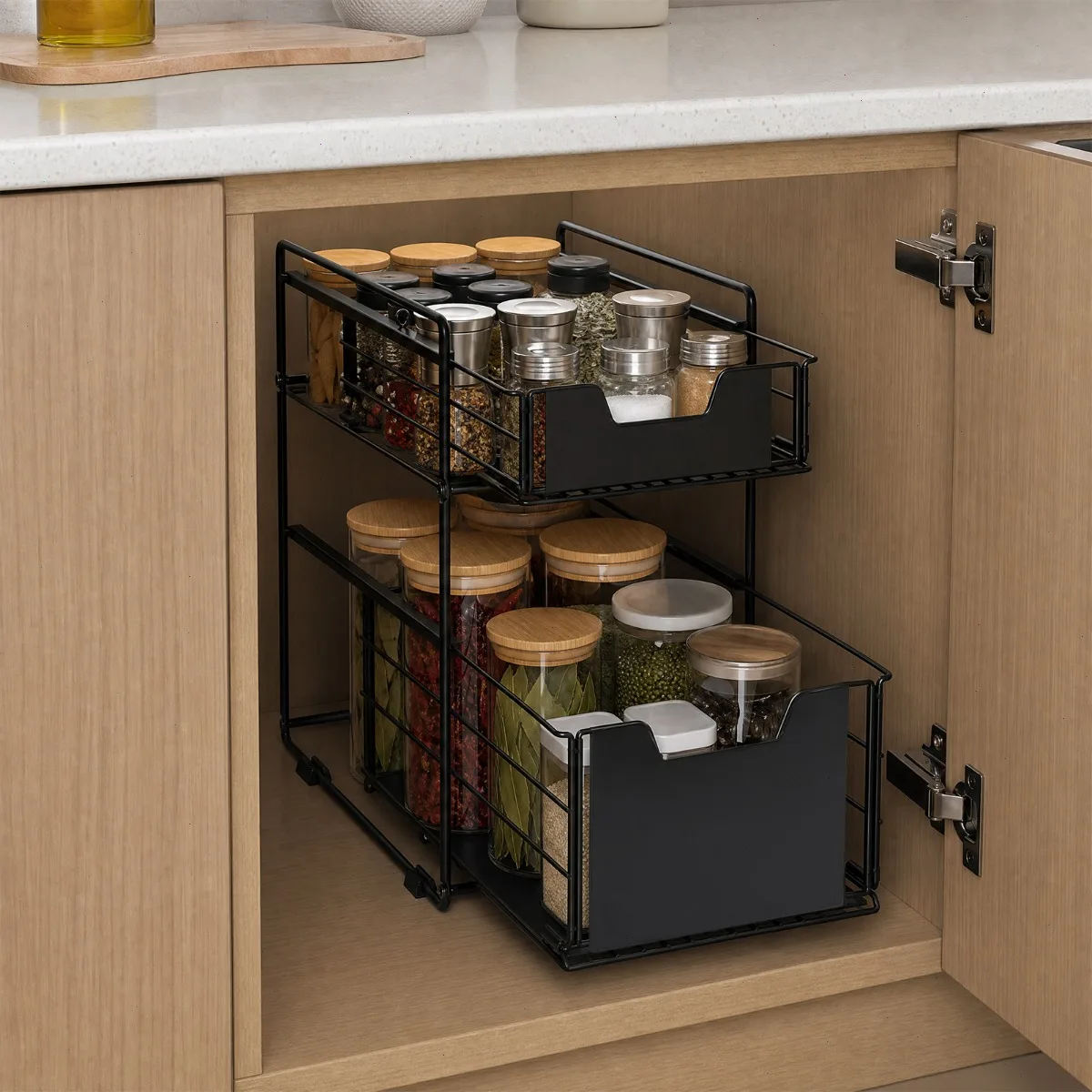 Regal, Unterschrank-Organizer, Küchen-Aufbewahrungsregal, Schwarz, Große Größe, Ausziehbar, Kohlenstoffstahl, Doppelschichtig, Wasserdicht, Rostfrei, Robust, Verstellbar, Vertikaler Platzsparer,