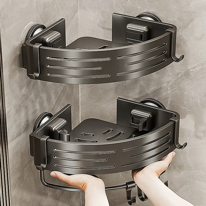 Étagère de rangement pour salle de bain en aluminium spatial sans perforation avec ventouse, panier triangulaire mural pour salle de bain, support mural, rangement d'angle pour salle de bain.
