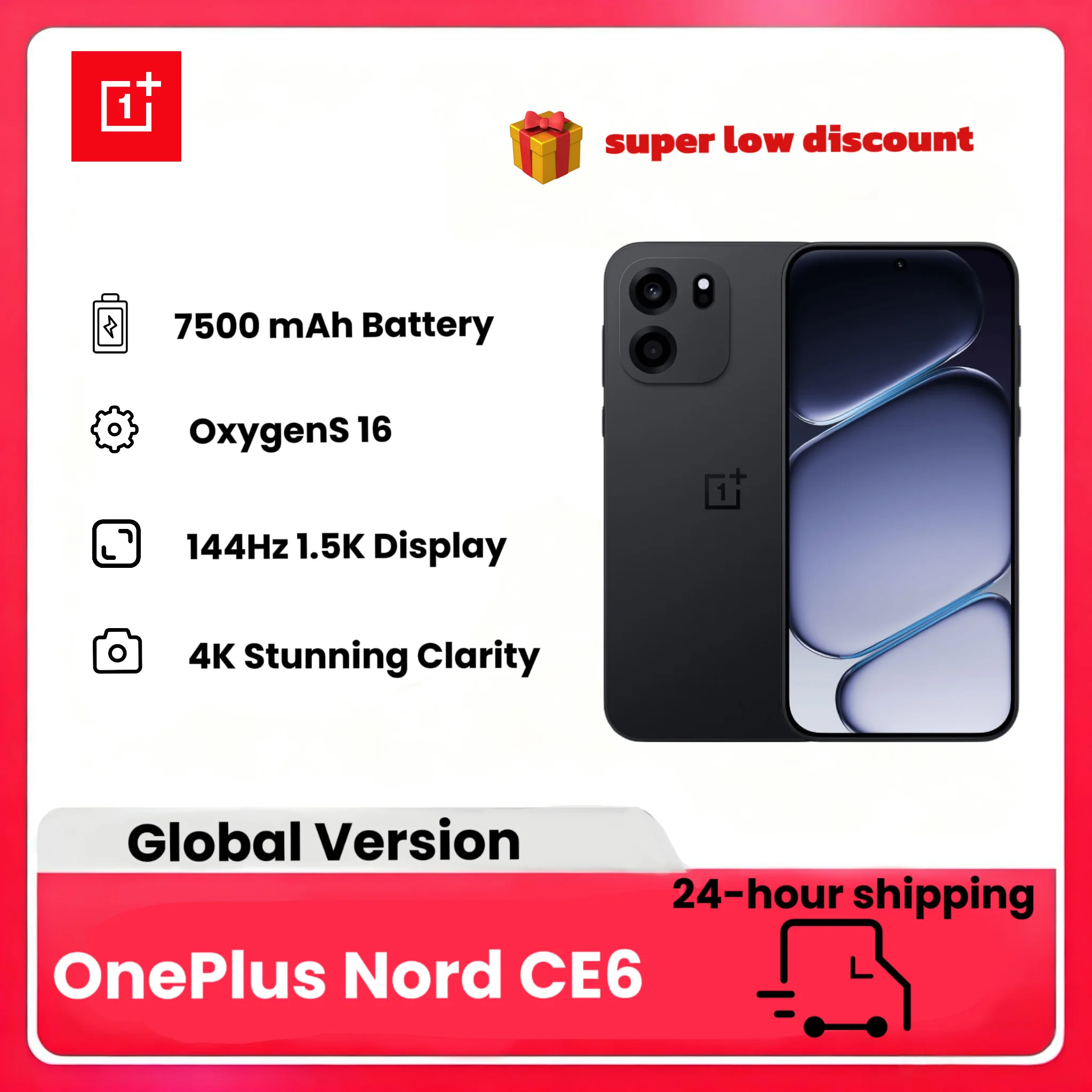 2026 Nouveau smartphone OnePlus Nord CE6 Smartphone, édition mondiale, 8 + 256 Go, batterie 7500mAh, OxygenOS16, Snapdragon 7s Gen 4, caméra 50MP, sans chargeur