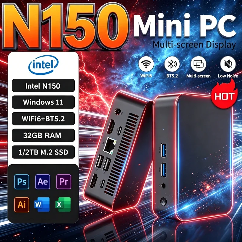 2026 Intel N150 Mini PC Portable Computer 16GB 32GB RAM 1TB 2TB SSD Gaming PC Windows 11 Pro Wifi 6 BT5.2 Office Study Gamer PC