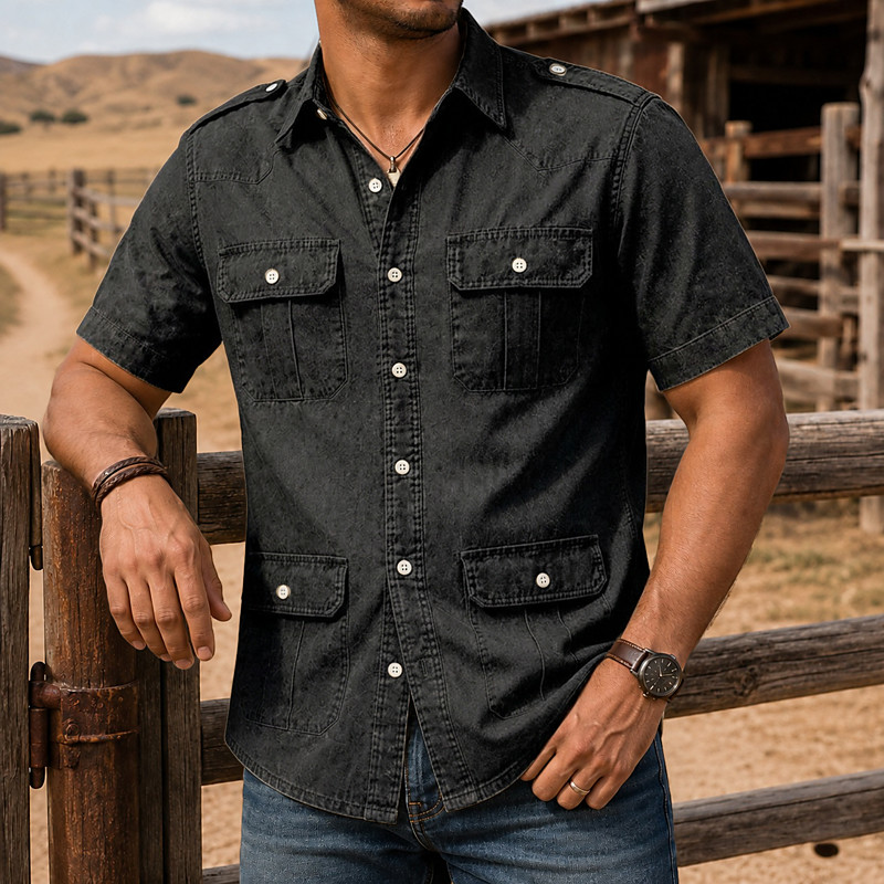 SoftFade™ Men Shirt Casual Shirt Button Up Shirt Cargo Shirt Demin Shirt Acid Wash Shirt Blue Black Wine Military Green Apricot Short Sleeve Solid Color Plain Shirt Collar Casual Daily Pocket Clothing