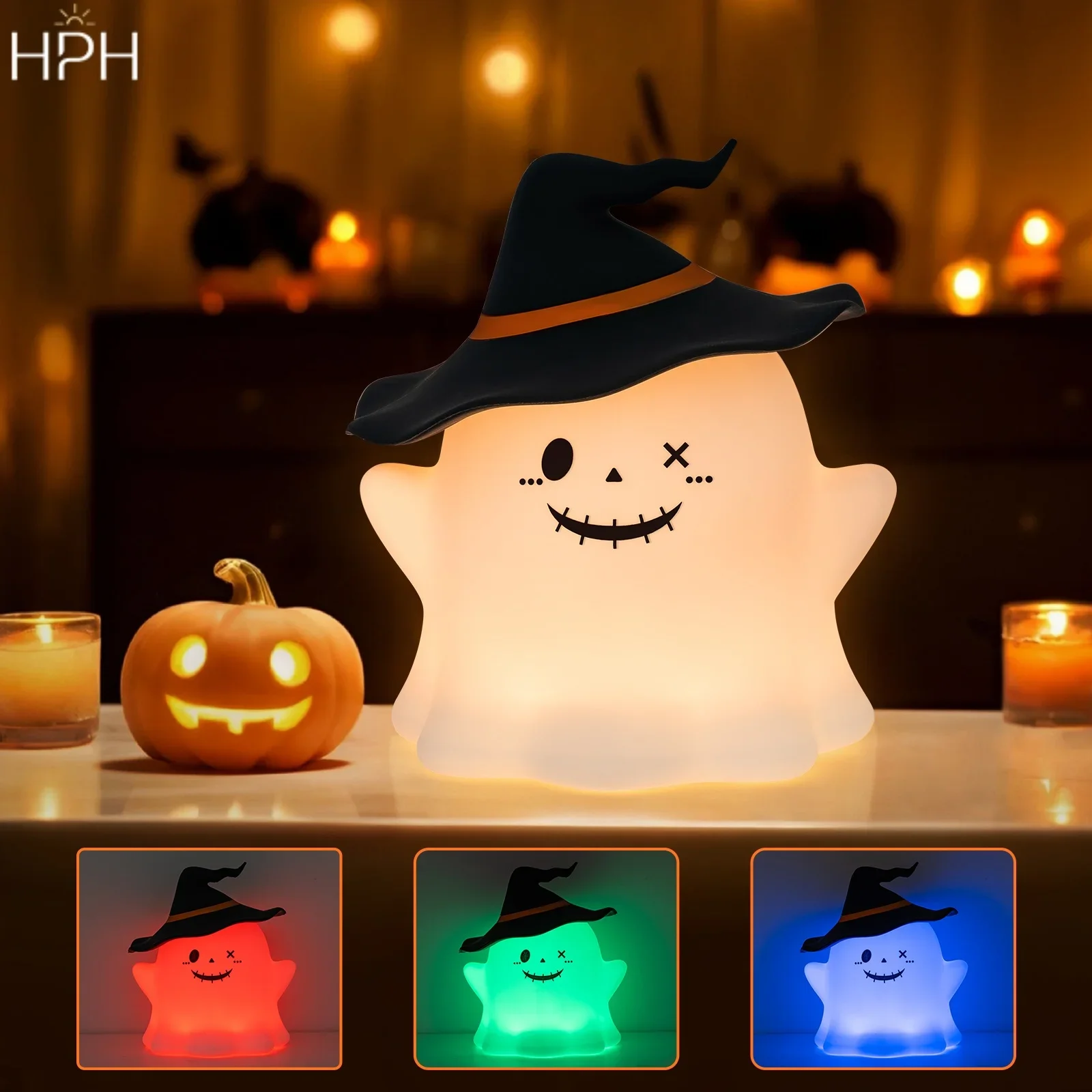 HPH Halloween Niedliche Cartoon-Nachtlampe Wiederaufladbare Tischlampe Silikon-Schreibtischlampe Kinderzimmer Nachttisch-Deko Geschenk für Kinder