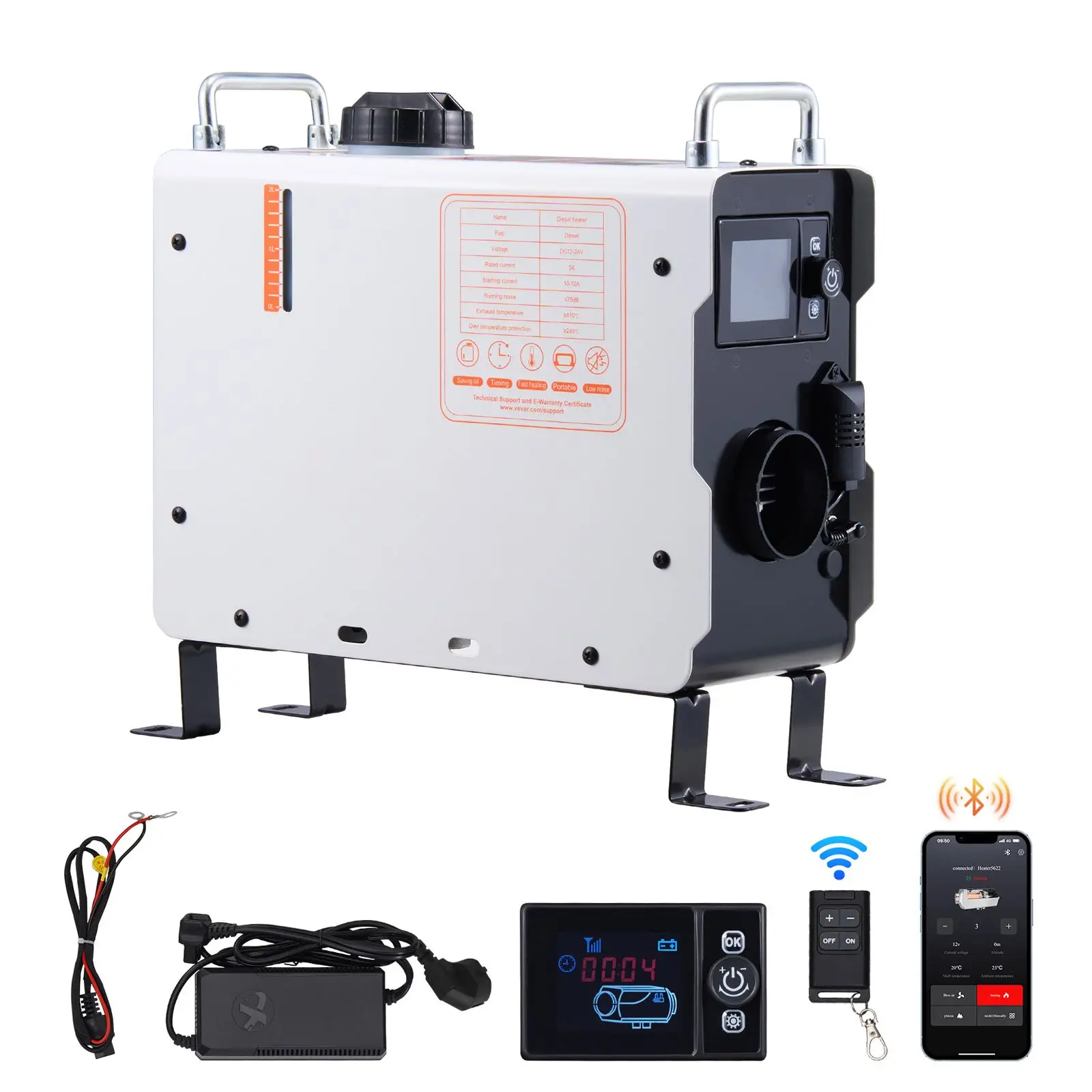 Chauffage au diesel 2KW, chauffage à air diesel tout-en-un 12V/24V, avec contrôle par application Bluetooth, télécommande et écran d