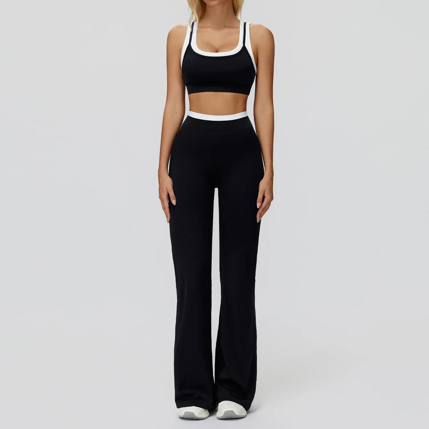 Nouveau modèle B : Ensemble de sport pour salle de sport, comprenant un soutien-gorge de sport à fines bretelles et un short. Ensembles de sport d'extérieur, pantalon micro-évasé, tenue de yoga.