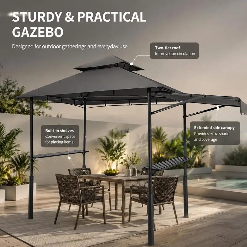 Pavillon de barbecue, 2430x1500x500mm, abri pour barbecue extérieur, gazebo de jardin à 2 niveaux, pavillon de jardin à double toit avec auvent supplémentaire, pour terrasse, cour et jardin