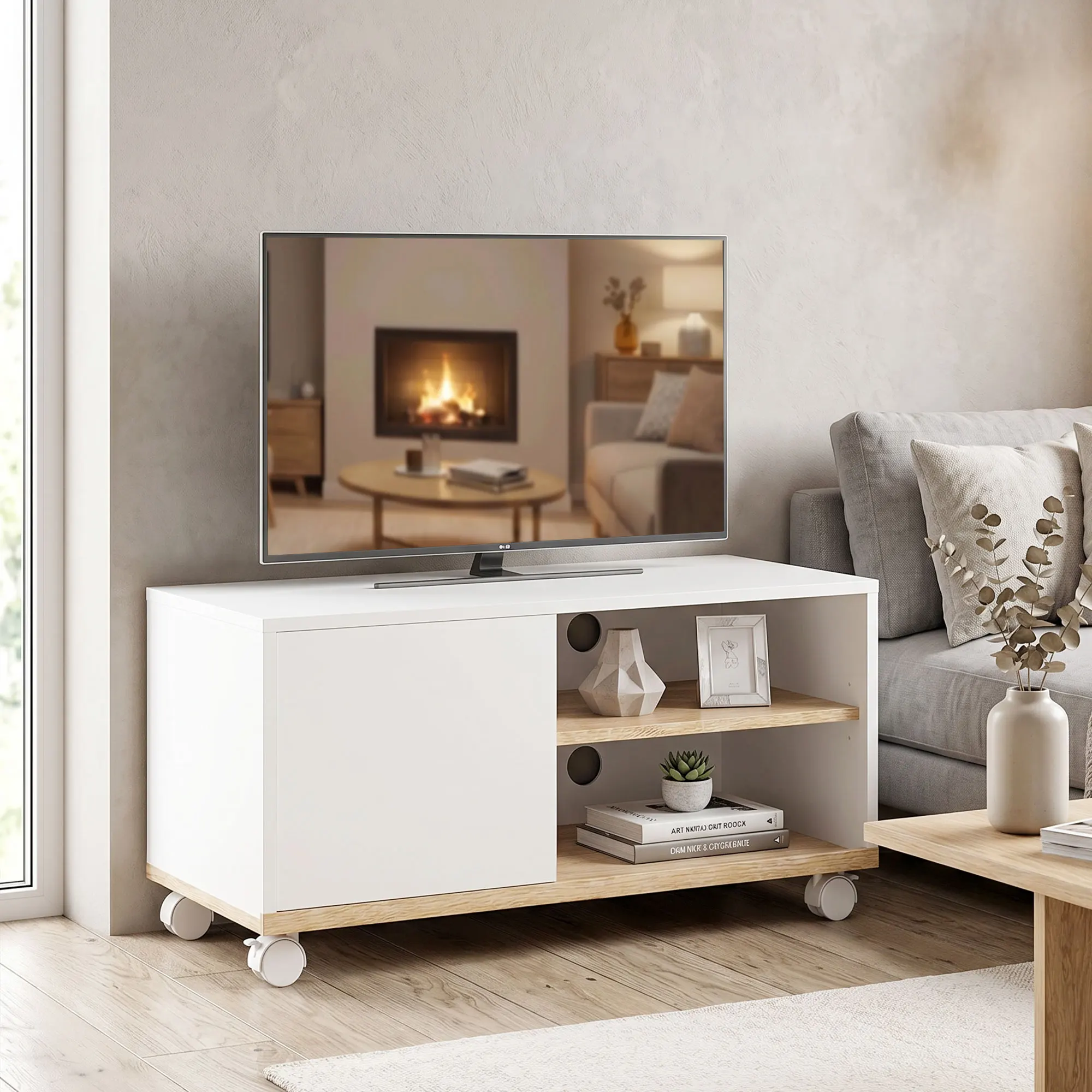 Meuble TV mobile avec rangement, meuble TV sur roulettes avec freins, meuble TV avec armoire et étagère réglable, console multimédia pour salon, chambre, mobilier de maison