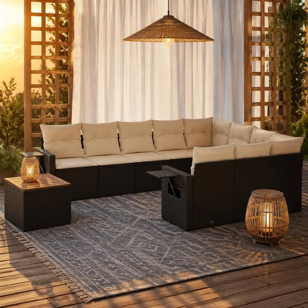 11 pièces. Canapé de jardin Carnital avec coussin en polyrotin noir, ensemble de meubles de jardin, adapté aux patios, balconnets, salons de jardin, réunions de famille et espaces d'accueil.