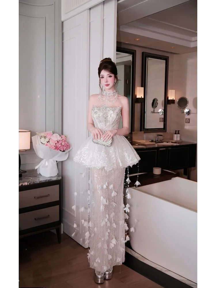 Handmade White Strapless Evening Dress Women Sequin Jellyfish Dress High Waist Prom Gown Women Tassel Petal Formal Party Gown