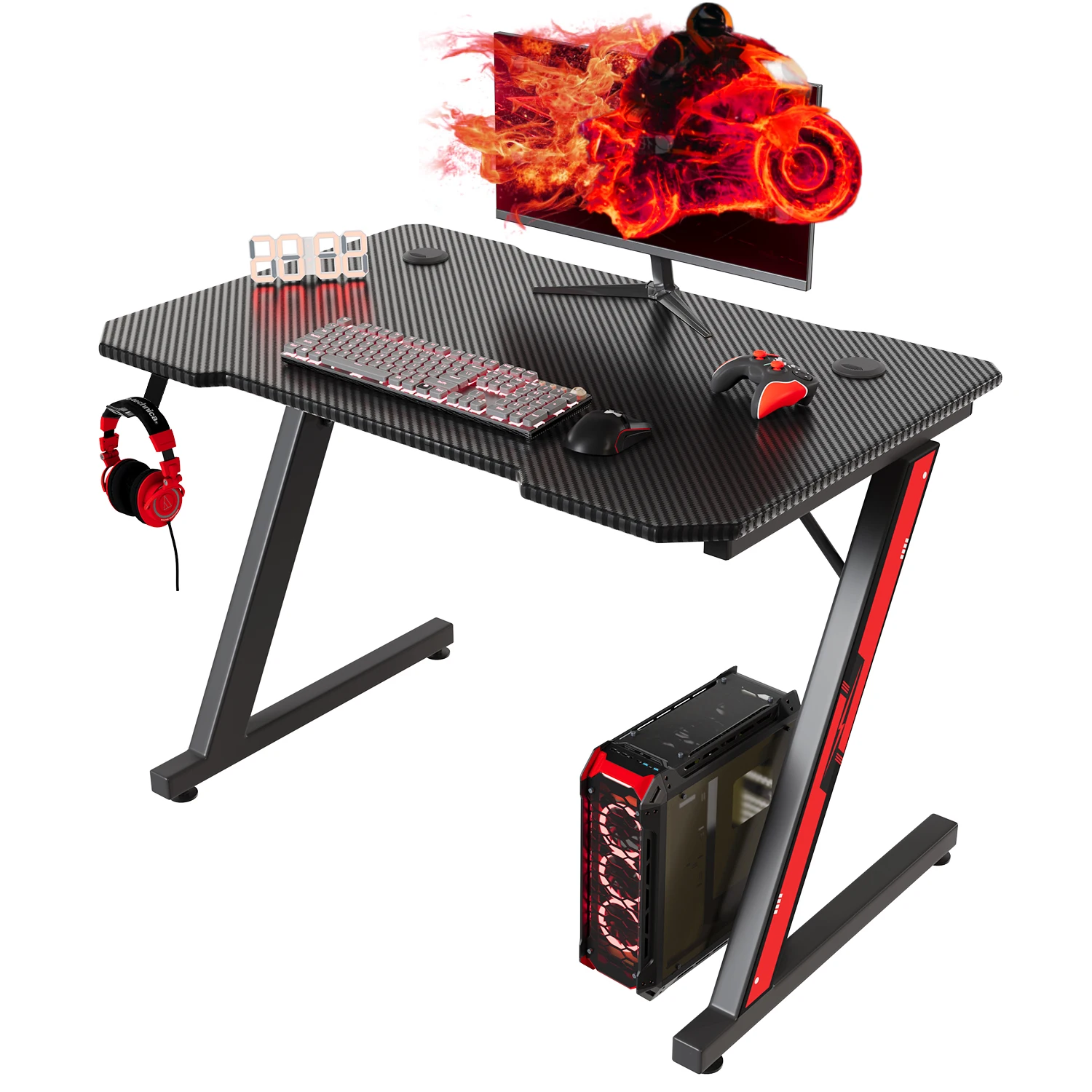 Devoko Gaming Tisch 80x60x75 cm, Stabiler Computertisch mit Z-förmigem Stahlgestell & Kohlefaser-Optik, PC-Schreibtisch mit Kopfhörerhaken für Gamer, Home Office & Büro