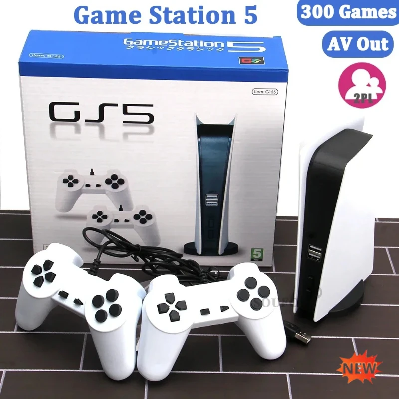 Console de jeu portable rétro GS5 Mini TV, HD, deux contrôleurs filaires, 300 jeux classiques intégrés, compatible PS1, équipement de jeu vidéo.