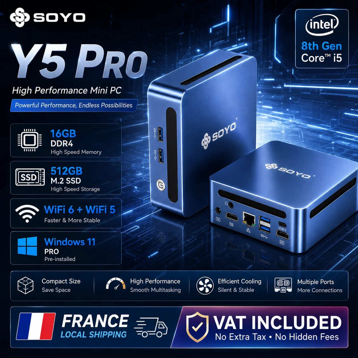 SOYO Mini-PC Y5 Pro 8. Generation Intel Core I5 CPU (4 Kerne und 8 Threads) 16GB DDR4 RAM 512GB M.2 SSD Windows 11 PRO HDMI-kompatibel*2 Unterstützt 4K-Ausgabe Voll ausgestatteter Typ-C WiFi 6 Mini-Desktop-Computer