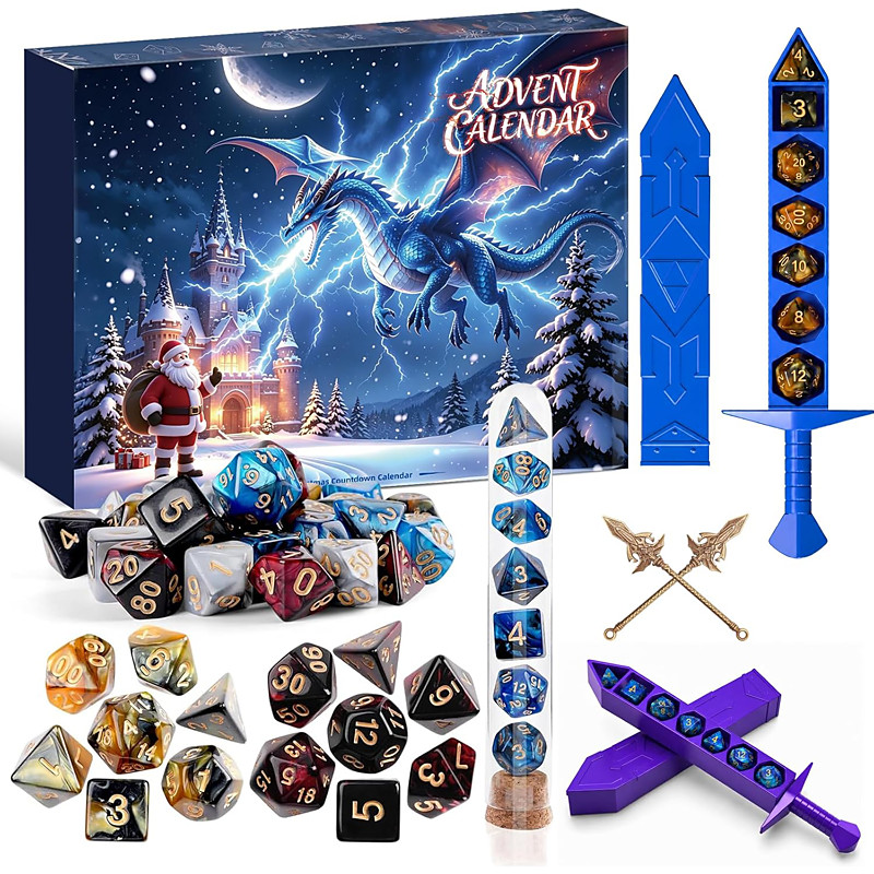 DND Dice Advent Calendar 24-Day Christmas Gift Mystery Countdown, 28 Polyhedral Dice, 2Pcs 3D Printed Sword Storage Cases, DND Dice Set for Dungeons and Dragons RPG, MTG, Role Playing Table Game