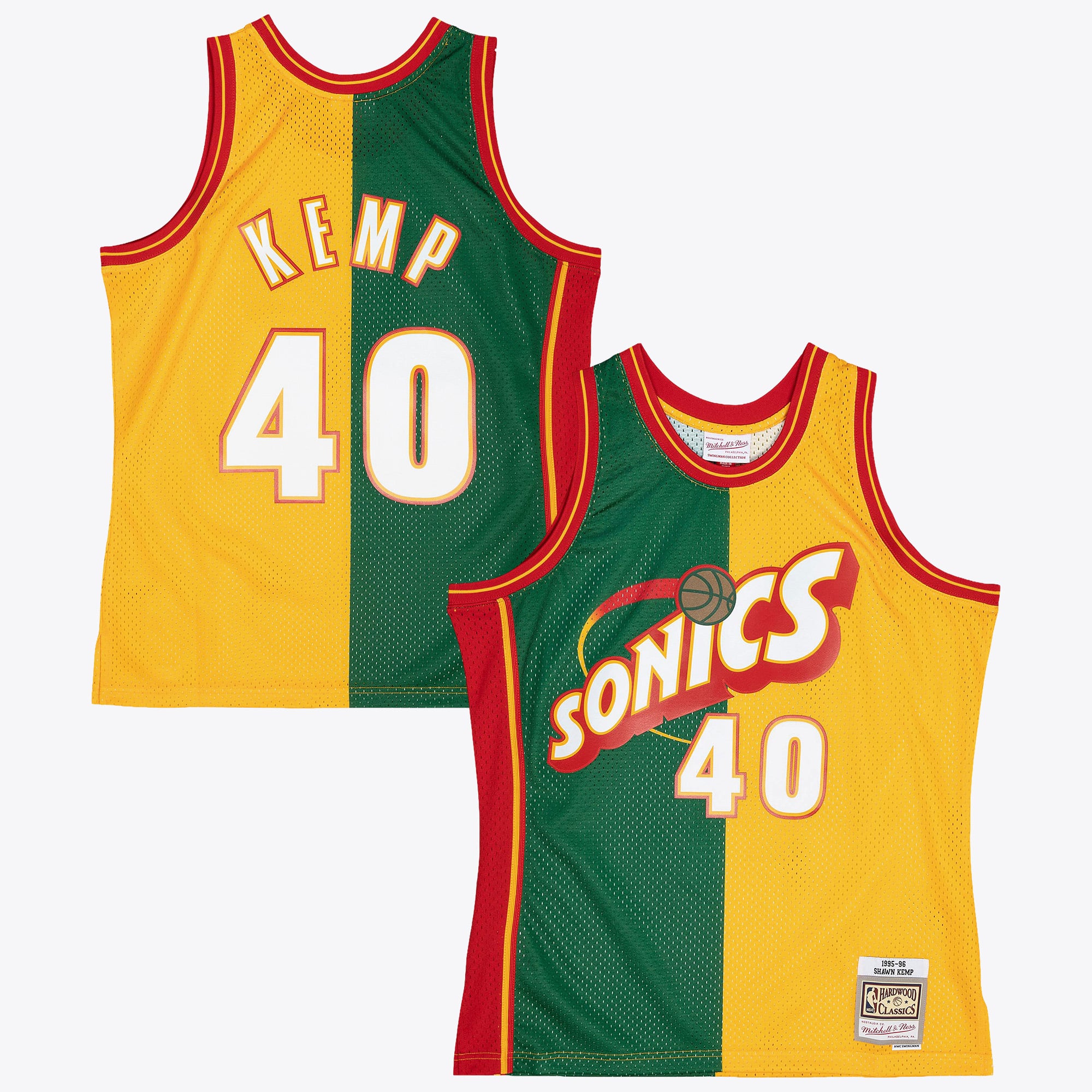 Seattle Supersonics Mitchell & Ness Shawn Kemp 1995 Maillot Swingman Split – Vert/Jaune - Homme Taille: S