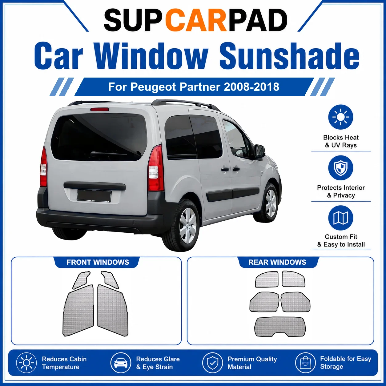 Pour Peugeot - Pare-soleil complet pour vitres de voiture Peugeot Partner 2008-2018, protection UV, isolation thermique, rideau de voiture pliable