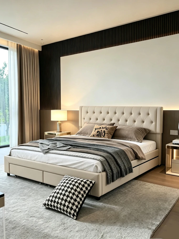 Rosahqnda Doppelbettgestell, Kopfteil mit Stauraum, großes Fußteil mit Stauraum-Schubladen, modernes Jugendzimmer-Stauraumbett, Grau/Beige, 160x200cm, Funktionsbett, Stauraumbetten, Jugendbett,