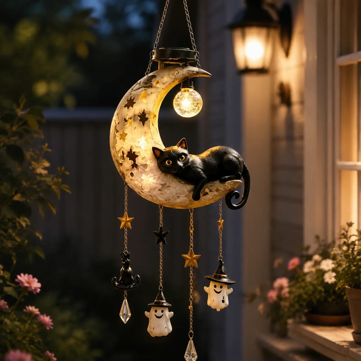 Solar LED Illuminated Hanging Moon Cat Lamp Resin Art Sculpture Outdoor Garden Porch Night Light Home Decor Garden