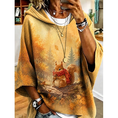 Damen Kapuzenpullover Druck Grafik Tiermotiv Lässig Dreiviertelarm Mit Kapuze Normale Oberteile Lässig Straße Alltagskleidung Gelb Purpur Orange Herbst Winter