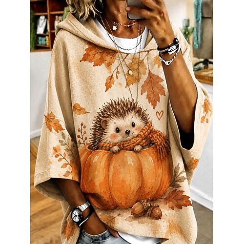 Damen Kapuzenpullover Druck Grafik Tiermotiv Lässig Dreiviertelarm Mit Kapuze Normale Oberteile Lässig Straße Alltagskleidung Gelb Orange Aprikose Herbst Winter