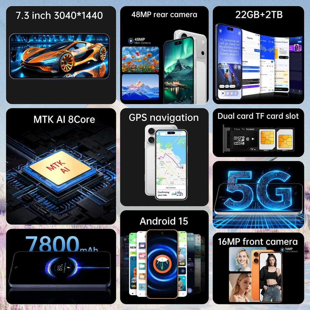 Téléphones mobiles K-Touch M18 Pro Max Smartphone 5G Double carte double veille 7.3HD Android 15 Téléphone portable Appareil photo 16+48MP 7800mAh Wifi GPS Version mondiale Téléphones portables