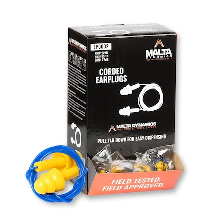 MALTA DYNAMICS EP0002 Corded TPE Ear Plugs 100 Pcs-22dB NRR Noise Cancelling