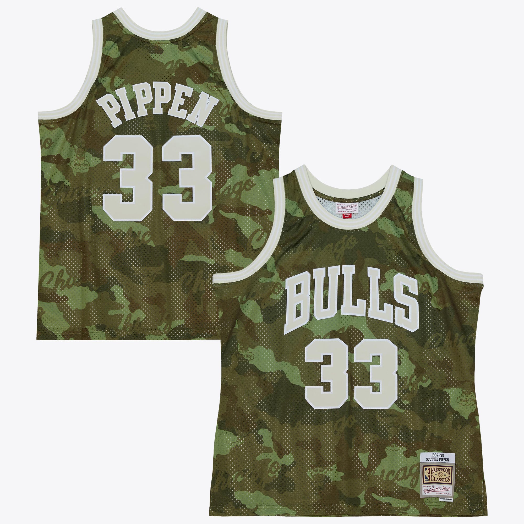 Maillot Swingman vert Mitchell & Ness Scottie Pippen 1997 des Chicago Bulls, motif camouflage fantôme - Vert - Homme Taille: XS