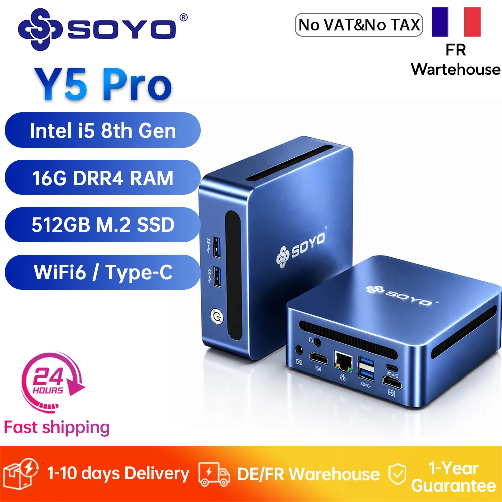 SOYO Y5 Pro Mini-PC Intel i5 8. Generation 16GB DDR4 RAM 512 M.2 SSD Win11Pro Mini-Computer Dual 4K Display WiFi6 Desktop-Computer
