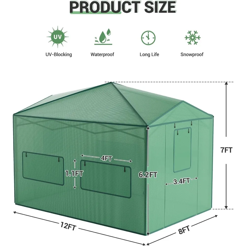 Serre de jardin Garvee 8x12 pieds avec fenêtres – Serre portable pour plantes de jardin, couverture en PE résistante aux UV, cadre en acier renforcé, porte à fermeture éclair enroulable, pour jardin,