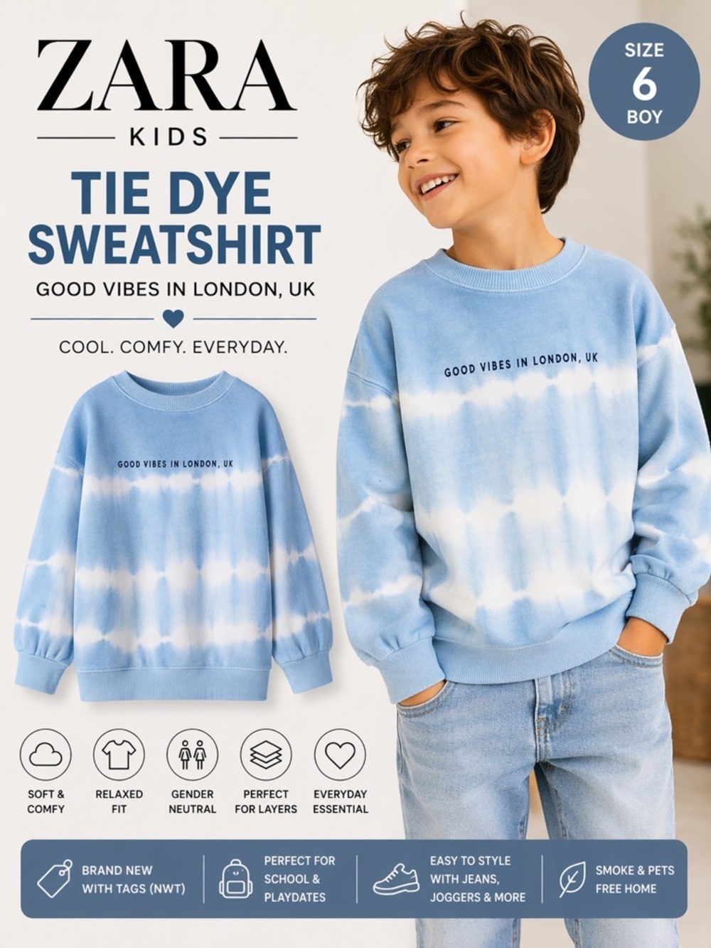 Zara Shirts & Tops | Zara Kids Blue Tie Dye Good Vibes Sweatshirt Nwt Boy Size 6 | Color: Blue/Cream | Size: 6b