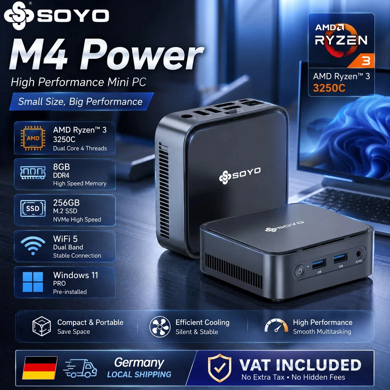 SOYO M4 Power Mini-PC AMD Ryzen 3 3250C Prozessor 8GB DDR4 RAM 256GB M.2 SSD Windows 11 PRO WiFi5+BT5.2 Hochleistungs-Mikro-Computer für Zuhause und Büro